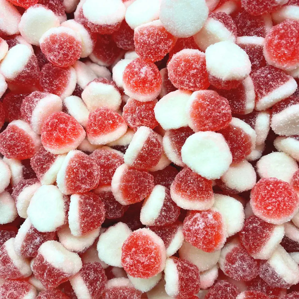 Close-up of red and white gummy candies.