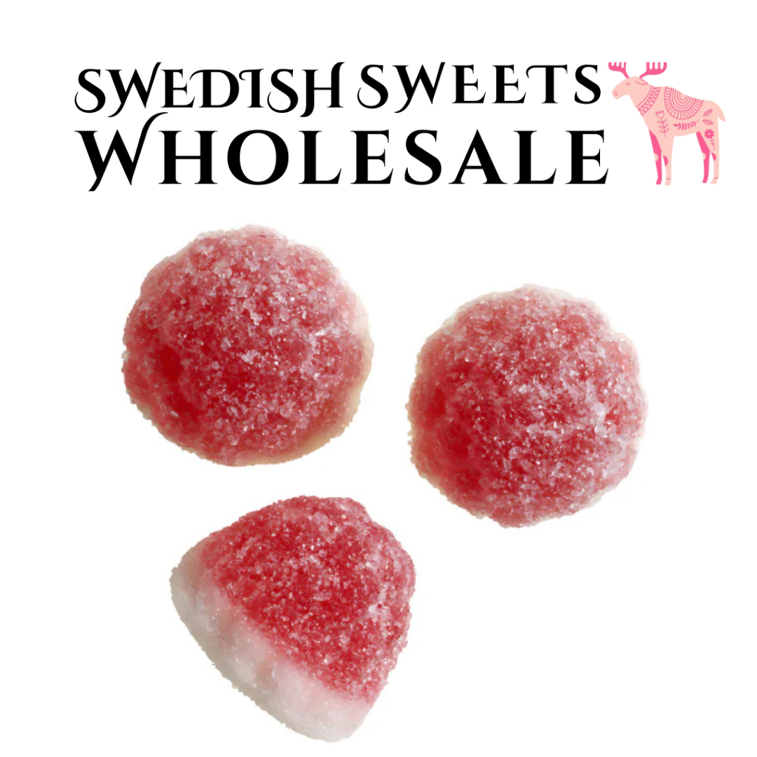 Three red Swedish gummy candies on a white background with 'Swedish Sweets Wholesale' text.